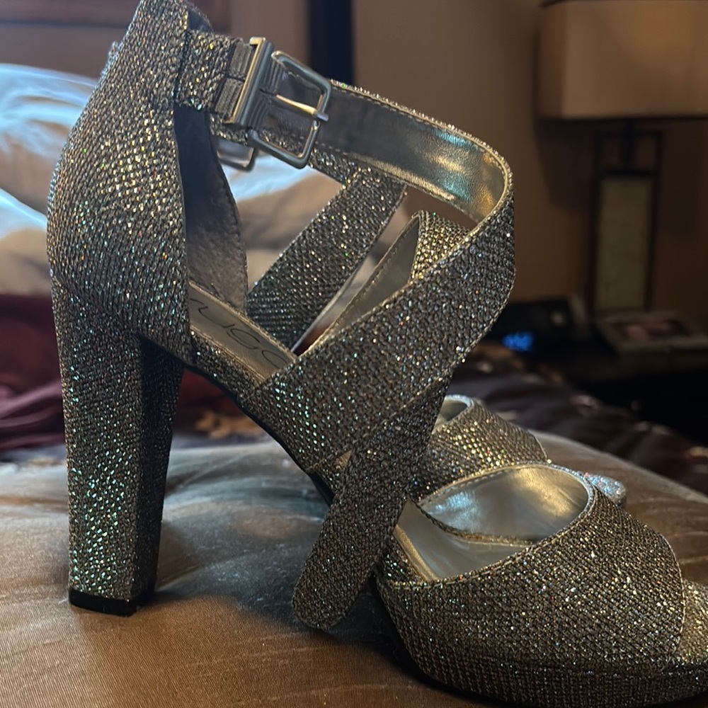 Sugar Silver Sparkle Heels with Block Heel